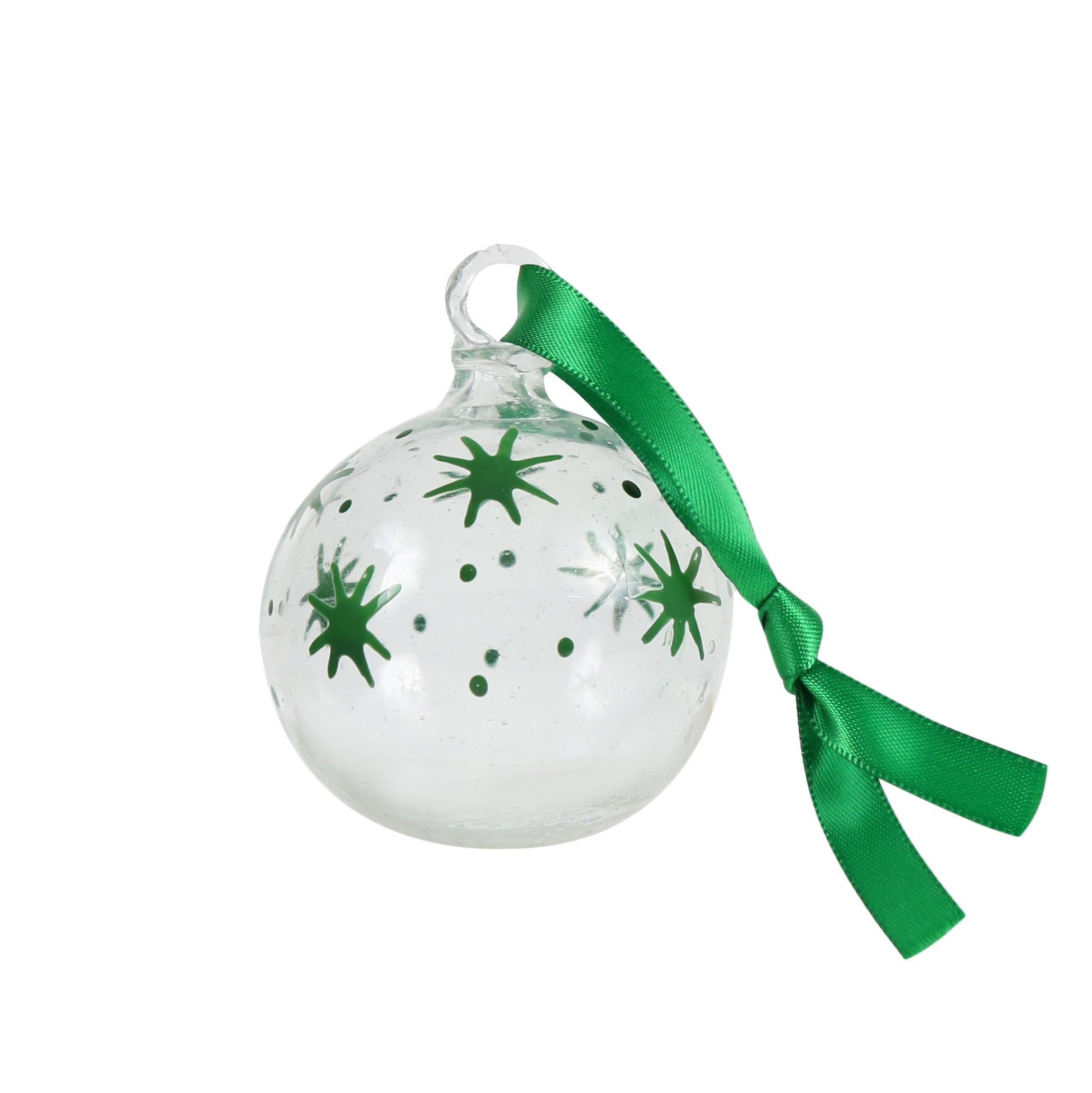 Clear recycled glass painted with green stars hanging on green ribbon. handmade in Bethlehem