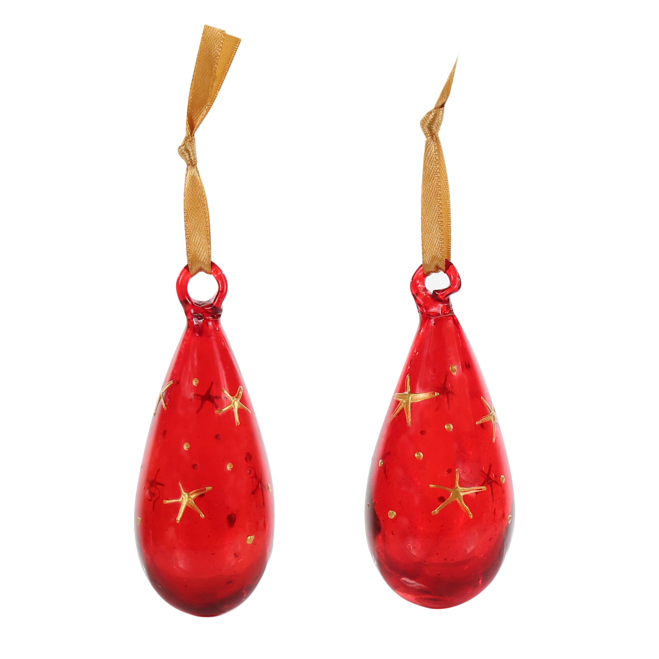Mini glass Christmas baubles painted with gold stars and hanging on gold ribbon. handmade in Bethlehem