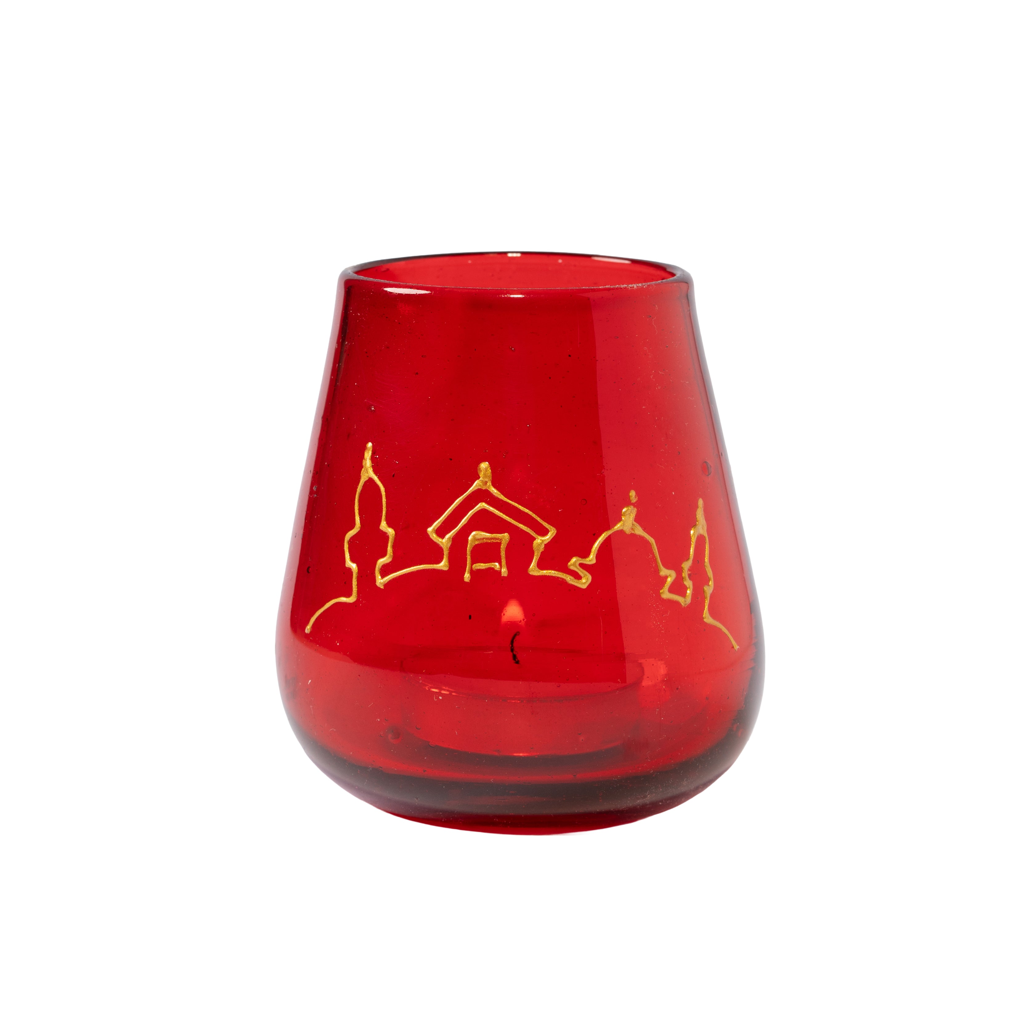 Deep red glass tea light with gold Bethlehem skyline. made from recycled glass in Bethlehem