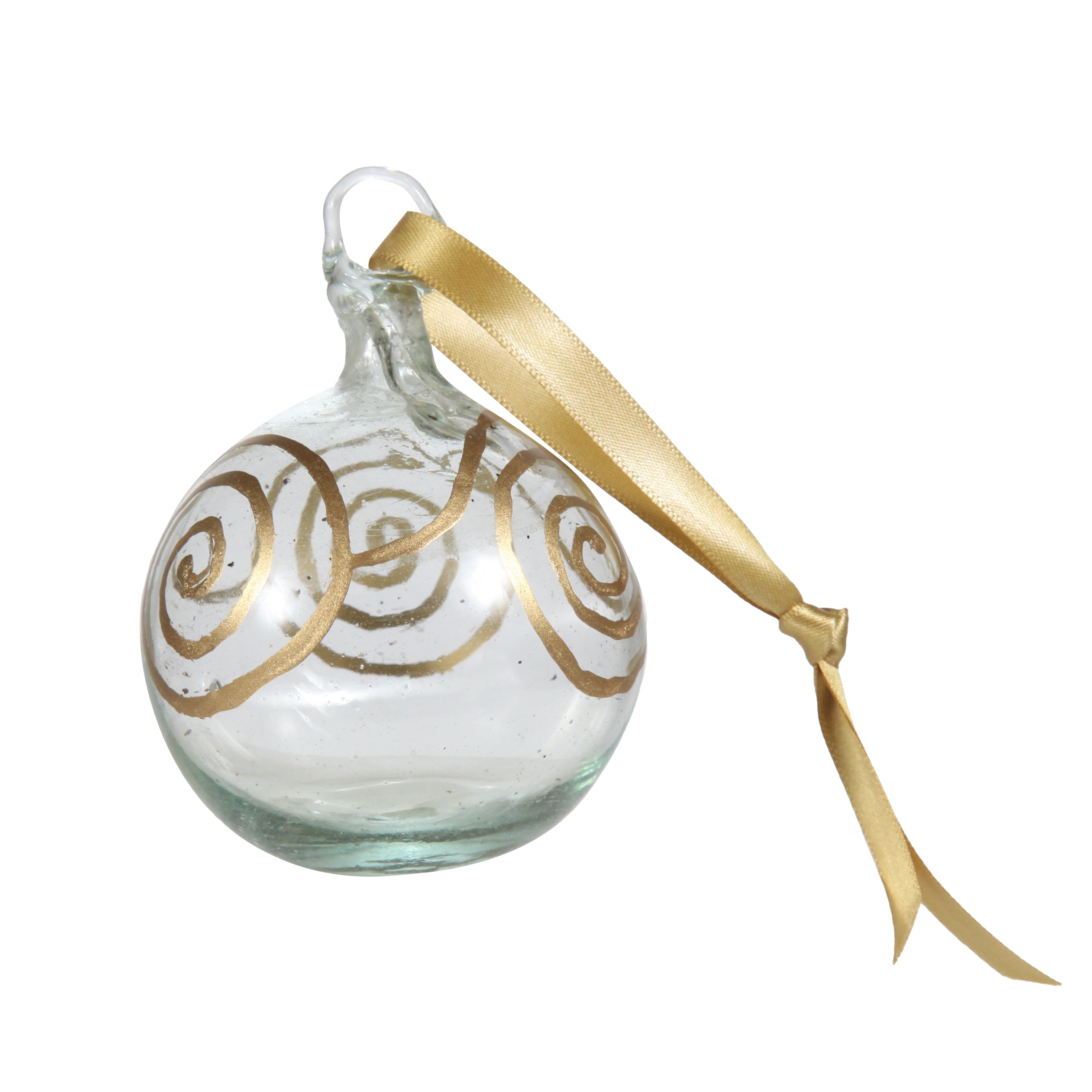 Bethlehem Baubles Clear glass Christmas Decoration with gold squirl and gold ribbon