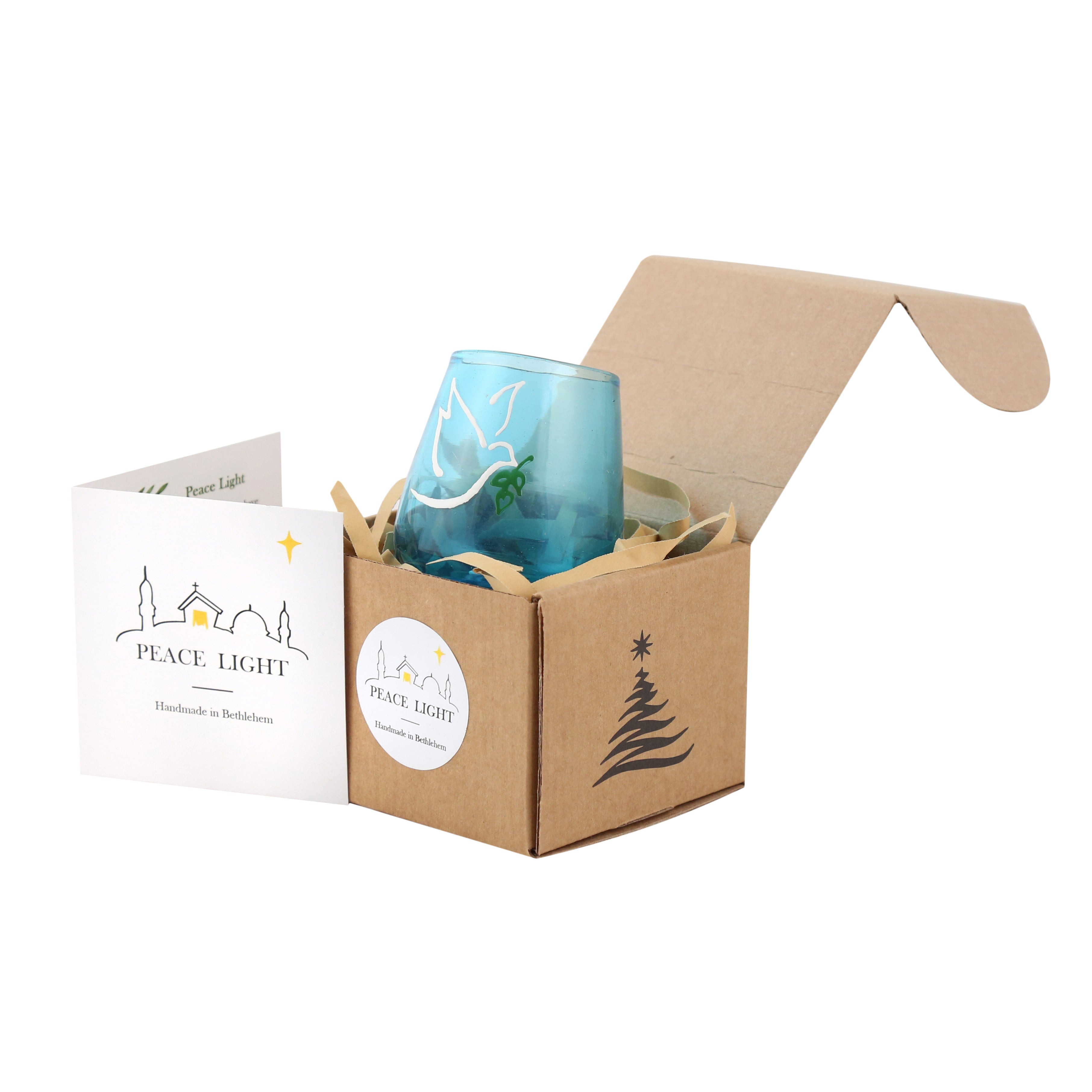 A hand-blown blue glass candle holder with a white dove and olive branch design, representing peace.  Made in Bethlehem