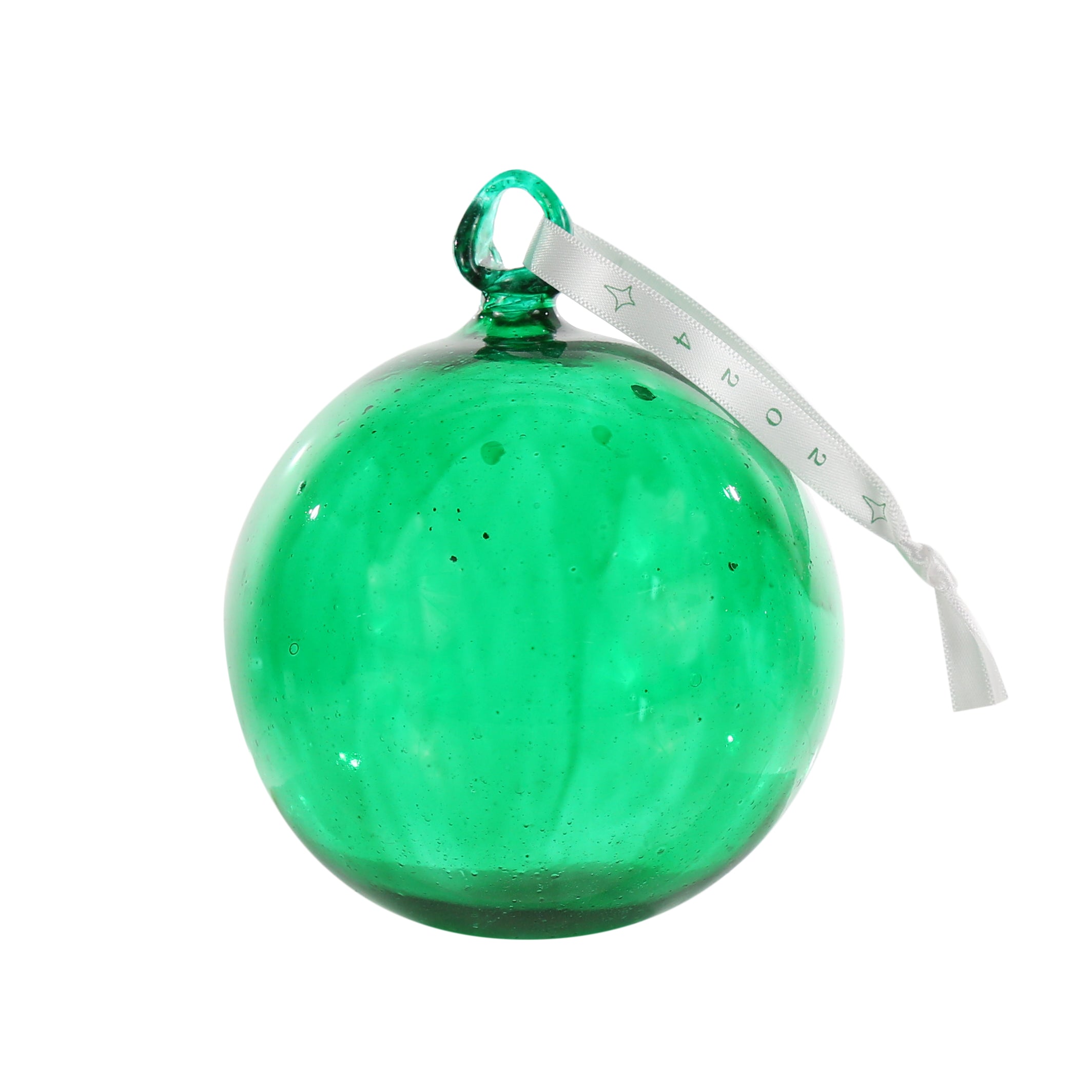 Paint your own hand-blown green glass bauble with a (plain) white ribbon attached for hanging. Made in Bethlehem