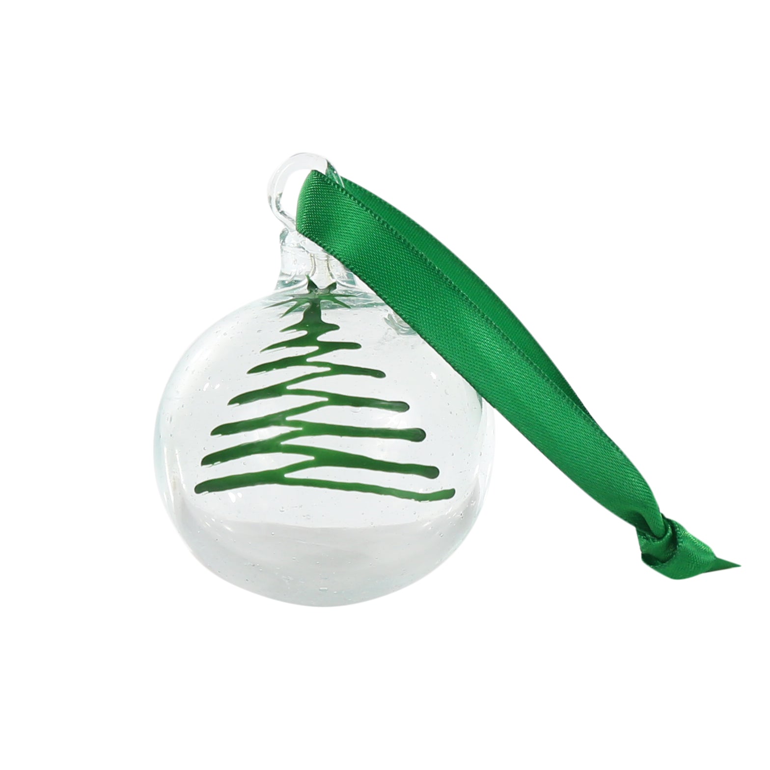 Clear glass Christmas decoration made from recycled glass in Bethlehem.  Green painted tree and green ribbon.  handmade