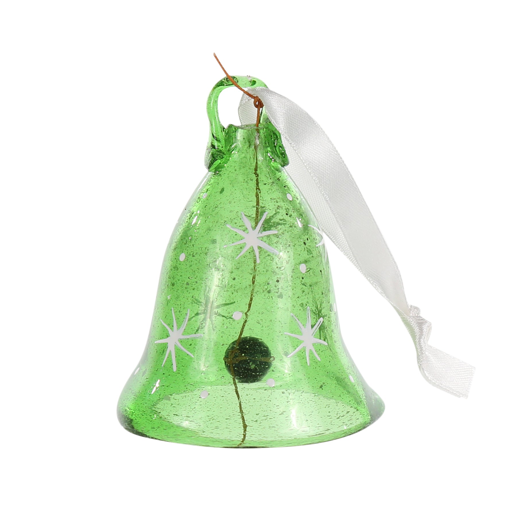 recycled glass Christmas bell decoration in green with white painted stars.  Glass dong and white ribbon. Made in Bethlehem 